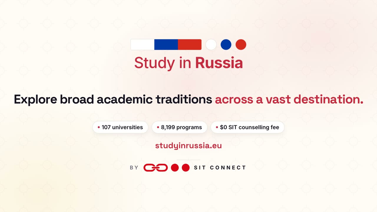 Promotional video about studying in Russia: a student pass stamped admitted, six application steps completed one by one, and student cities in Russia.